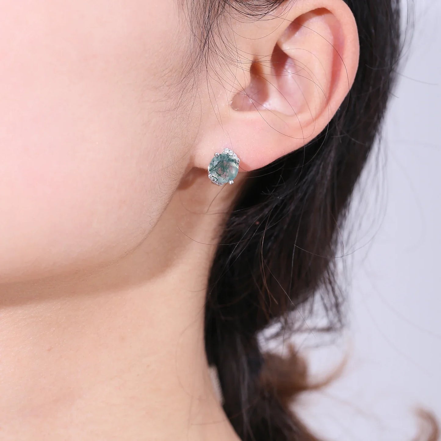 Moss agate earrings silver with green round moss agate dainty and classic