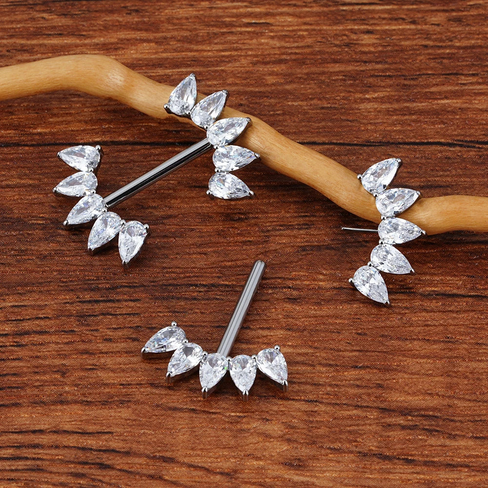 Barbell nipple piercing with CZ stones straight barbells titanium 14G threadless push pin 1 piece