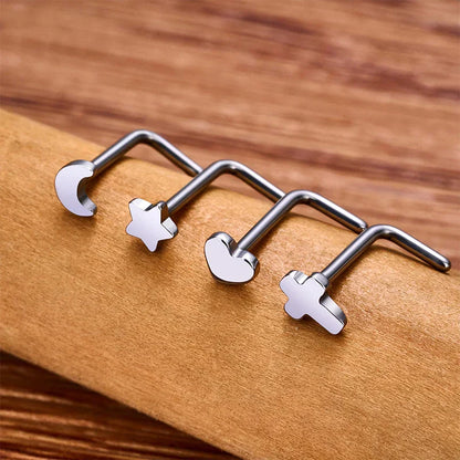L shaped nose ring with a heart titanium nose stud 20 gauge