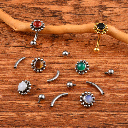 Rook piercing stud with natural gemstones titanium 16G flower rook earring curved barbell