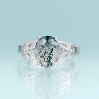 Moss agate ring vintage style oval cut in 925 sterling silver