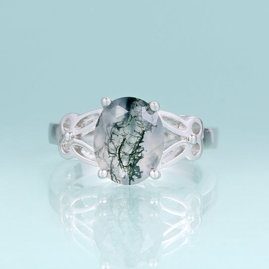 Moss agate ring vintage style oval cut in 925 sterling silver