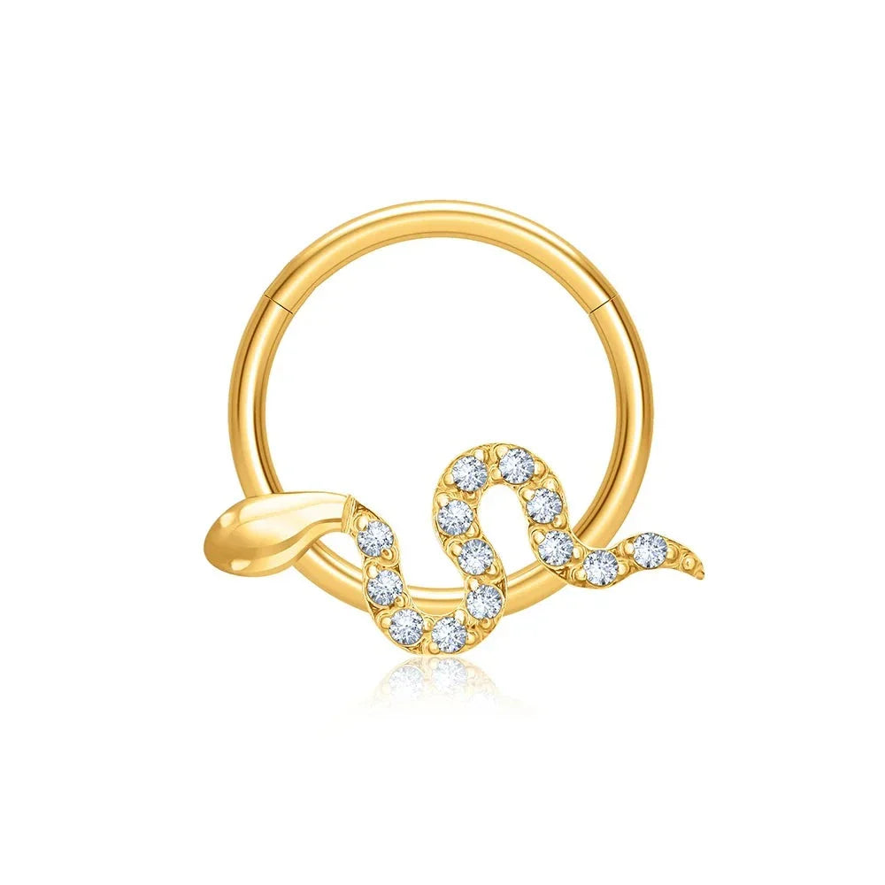 Snake daith ring with diamond cz in gold and silver titanium septum clicker ring