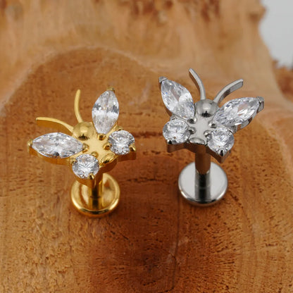 Labret piercing stud cute with a butterfly 16G implant-grade titanium flat back CZ stone