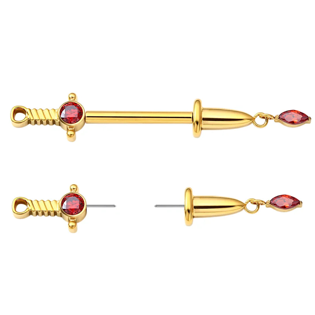 Sword nipple piercing with red gemstones sword nipple bars cute sexy titanium nipple rings 2 pieces