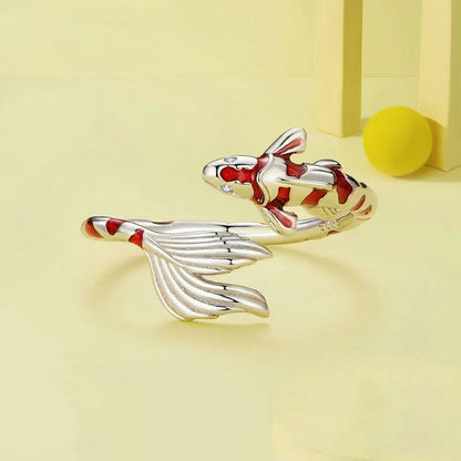 Koi fish ring in silver and gold adjustable ring sterling silver with clear cz