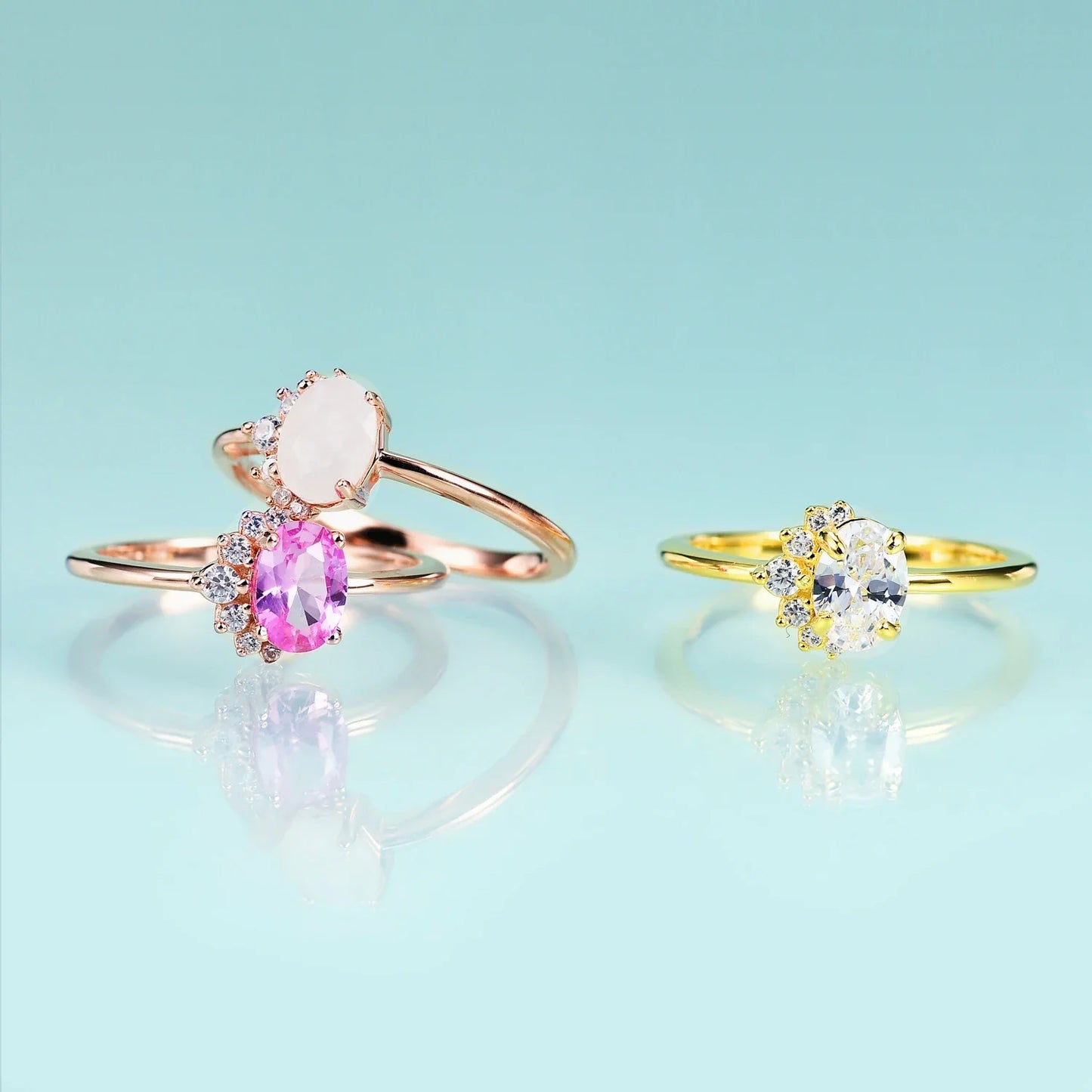 Rose gold moonstone ring with clear cz arranged in a half circle wedding ring for women