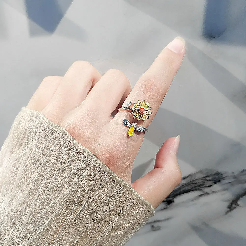 Anxiety spinner ring sunflower and bee sterling silver