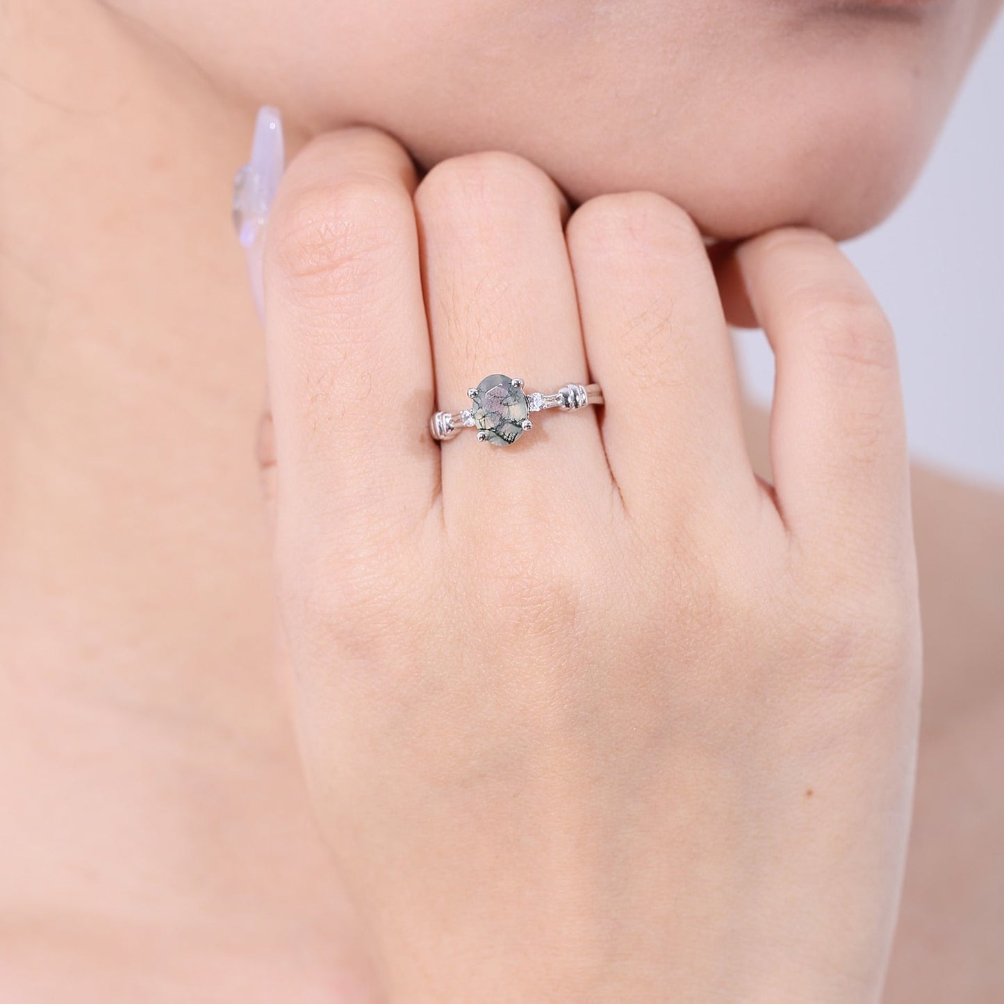 Nature-inspired moss agate engagement ring in silver