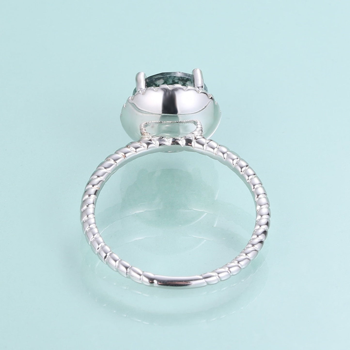 Moss agate promise ring round cut halo ring in silver
