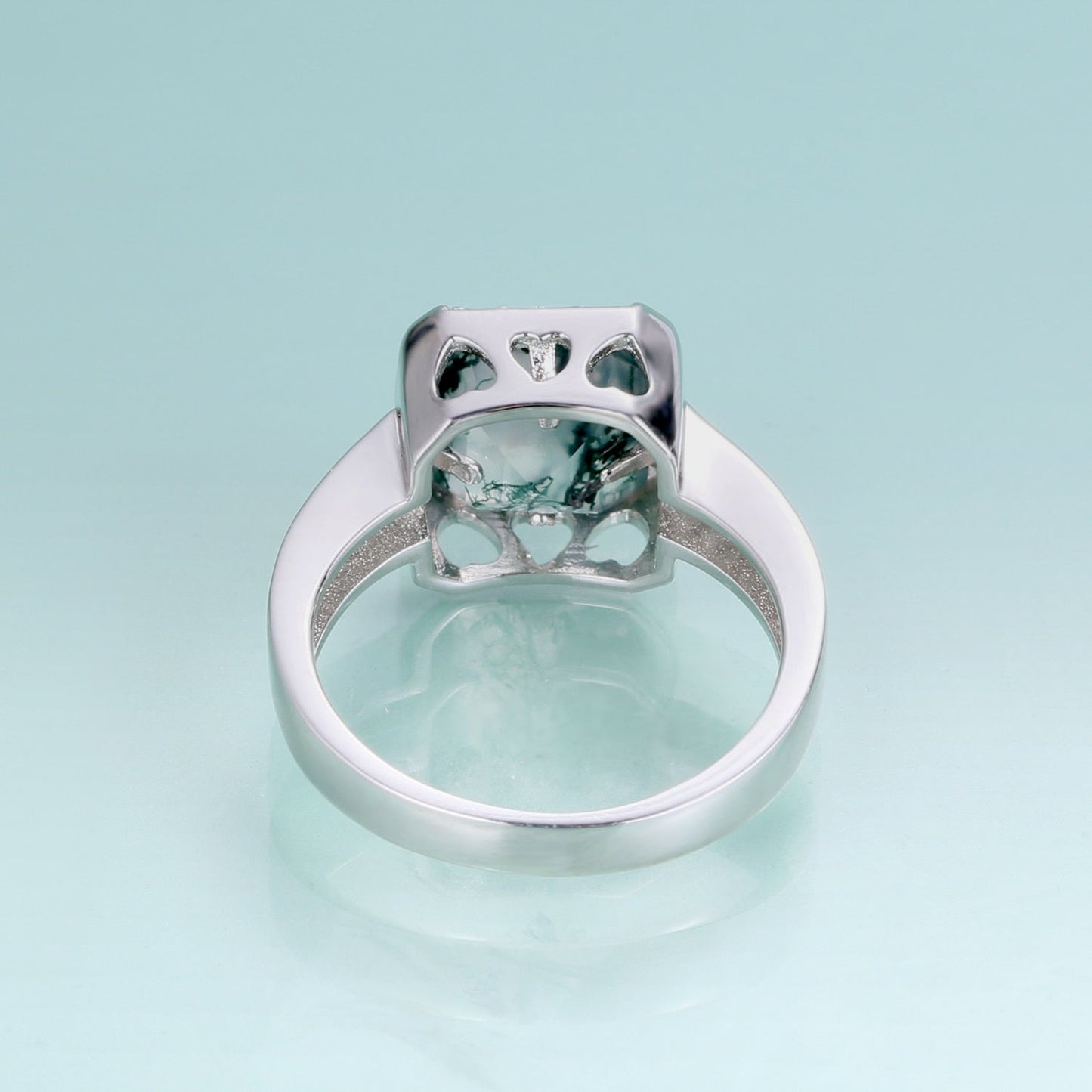 Men's moss agate ring square shape halo setting in silver