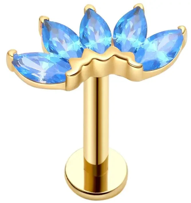 Gold lotus stud earring with blue crystal petals, RosaryMilano fashion jewelry