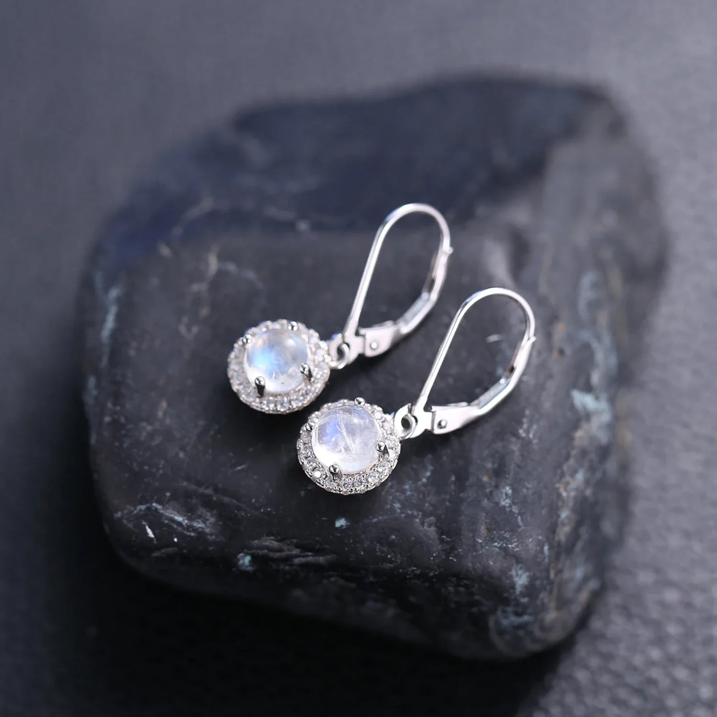 Moonstone dangle earrings with round moonstones and clear cz womens drop earrings