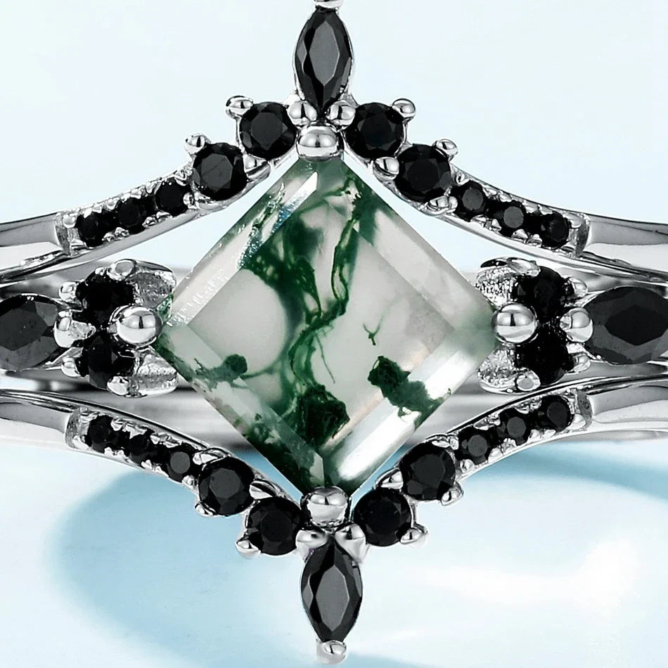 Unique moss agate engagement ring set with black CZ stones sterling silver