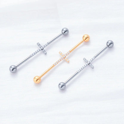 Titanium industrial barbell 16G 14G with a cross 38mm with CZ industrial bar piercing gold silver