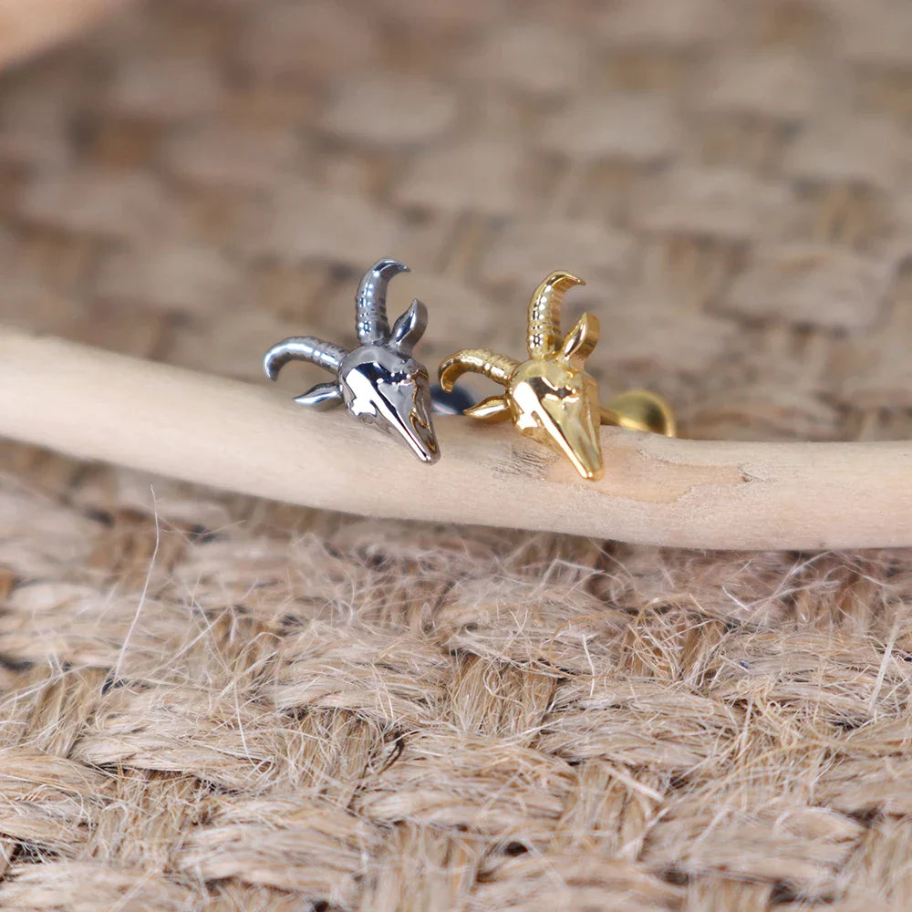 Goat stud gold and silver titanium internally threaded goat head stud earring 16G