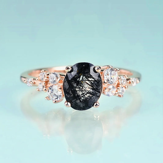 Black rutilated quartz engagement ring sterling silver oval cut vintage style