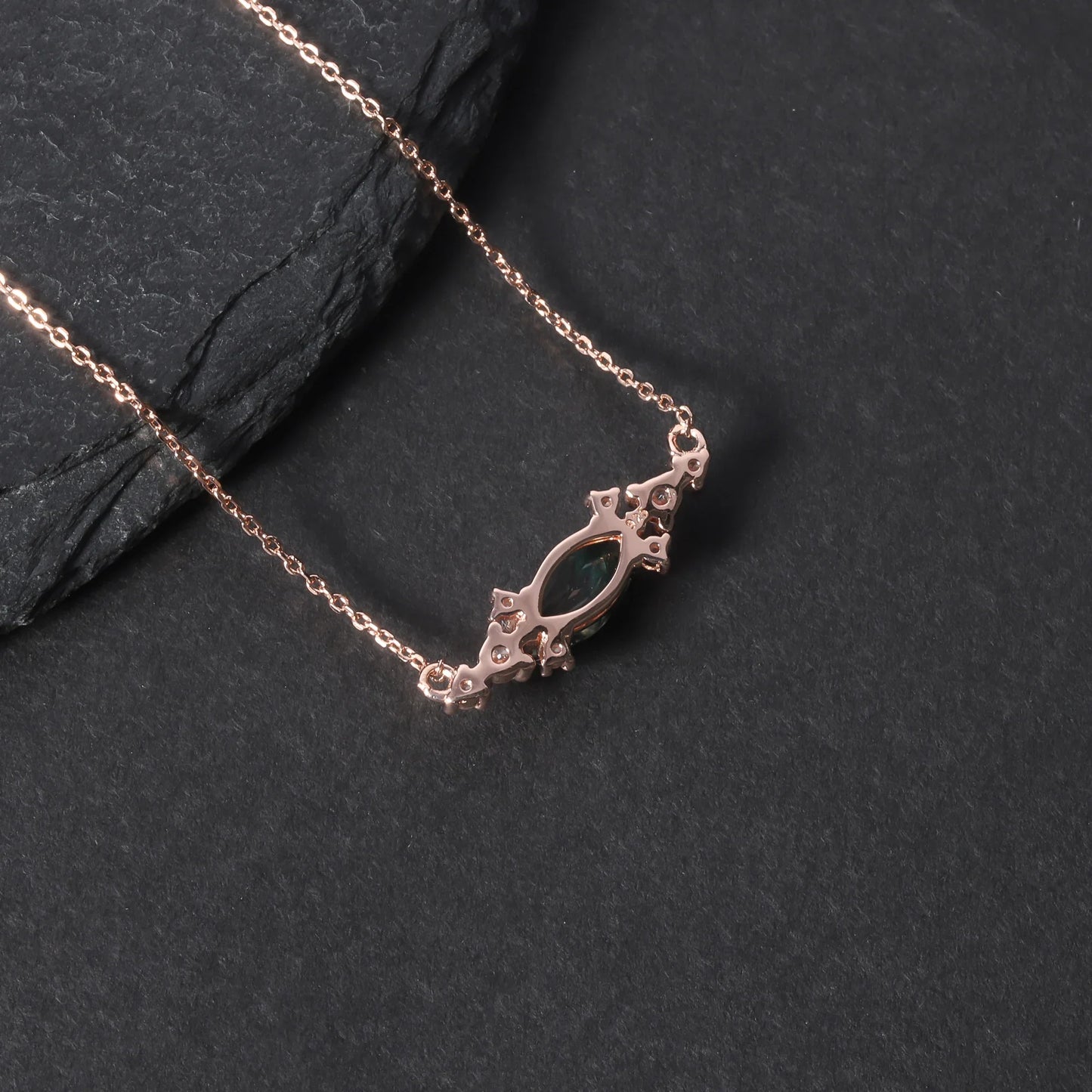 Moss agate pendant necklace with a marquise stone rose gold necklace