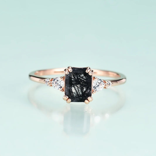 Black rutilated quartz wedding ring 14k rose gold rectangular unique engagement ring