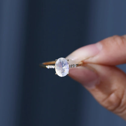 Moonstone gemstone ring with a natural moonstone and clear CZ stones