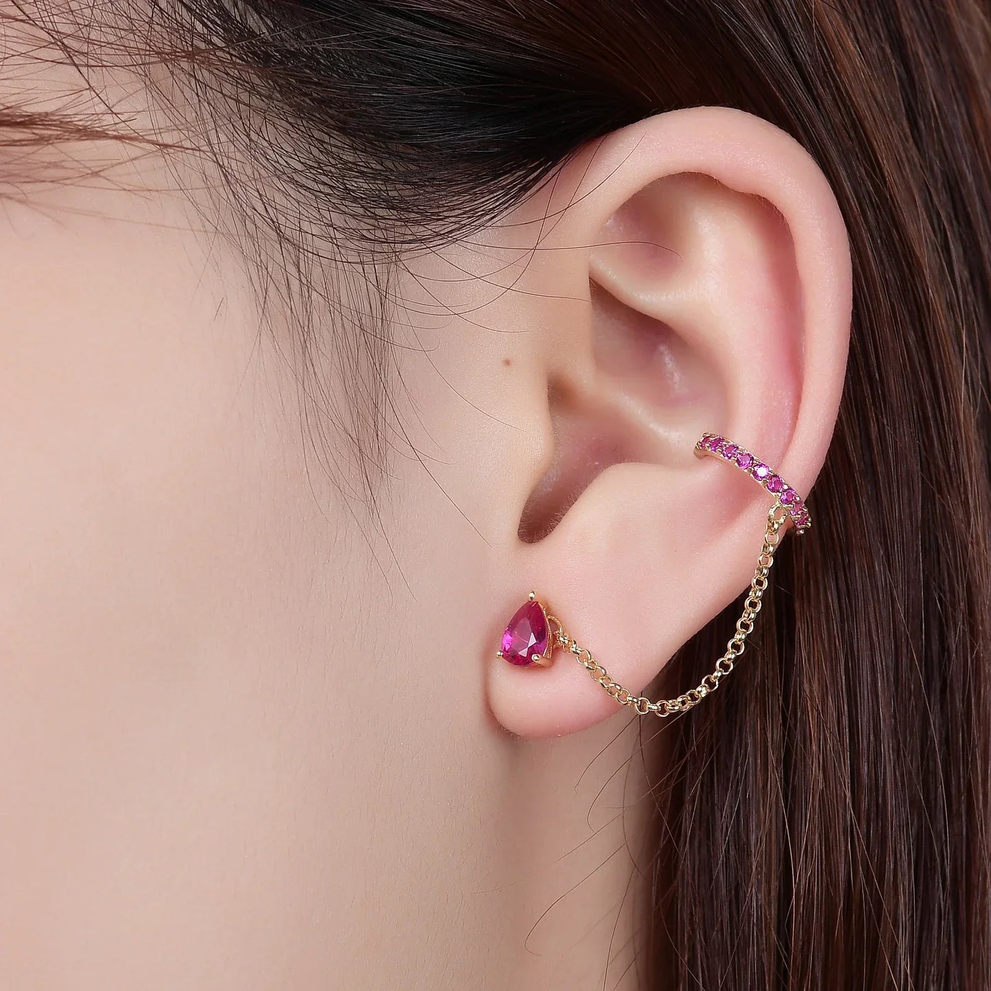 Ear cuff and stud set with clear red and green teardrop cz stones gold ear cuff