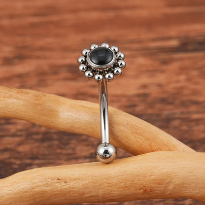 Gold rook piercing with a natural gemstone a black agate rook barbell titanium 16G flower rook earring