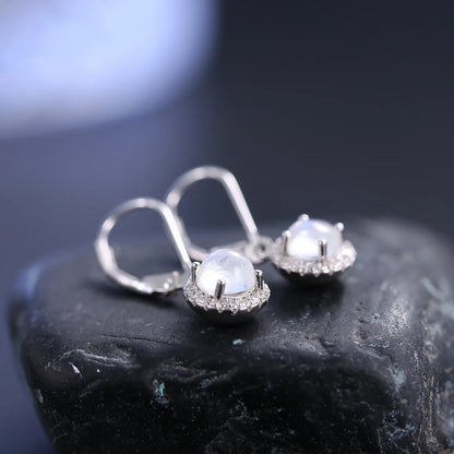 Moonstone dangle earrings with round moonstones and clear cz womens drop earrings