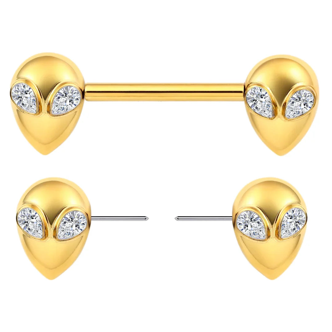 Black nipple piercing aliens straight barbells 2 pieces Halloween threadless titanium 14G 14mm