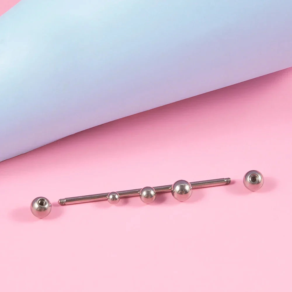 Cool industrial piercing for men for women with 3 balls titanium barbell 14G 38mm