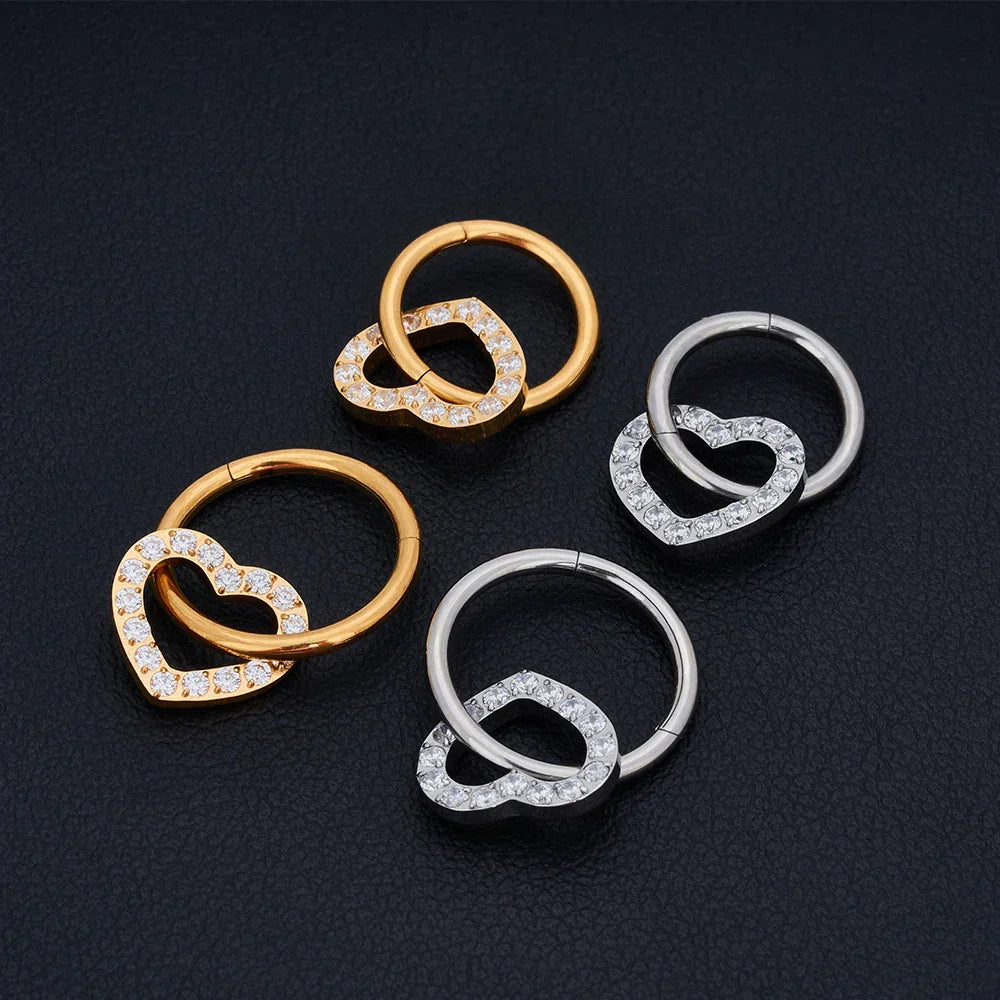 Conch piercing hoop with a heart pendant titanium gold silver 16G 8mm 10mm 12mm