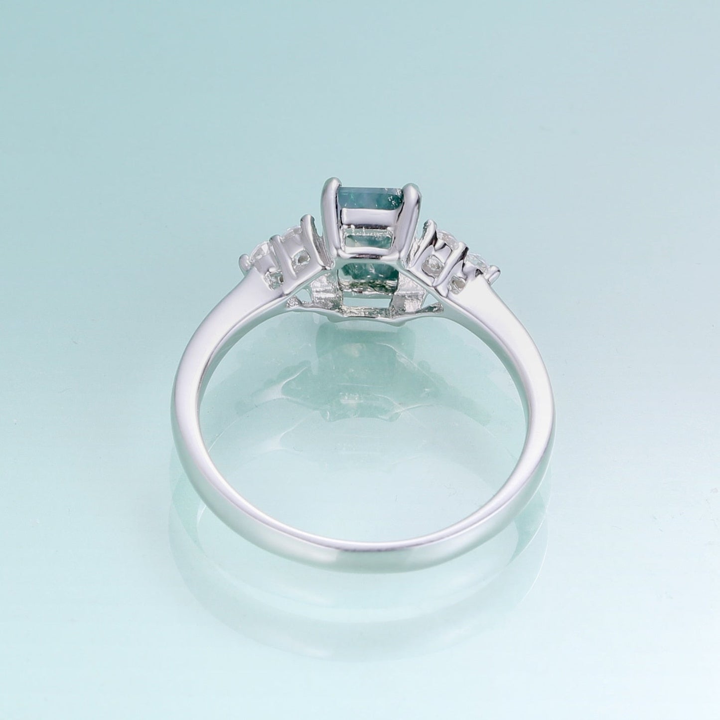 Emerald cut moss agate ring in silver