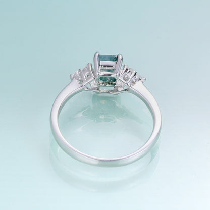 Emerald cut moss agate ring in silver