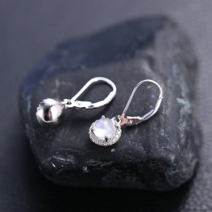 Moonstone dangle earrings with round moonstones and clear cz womens drop earrings
