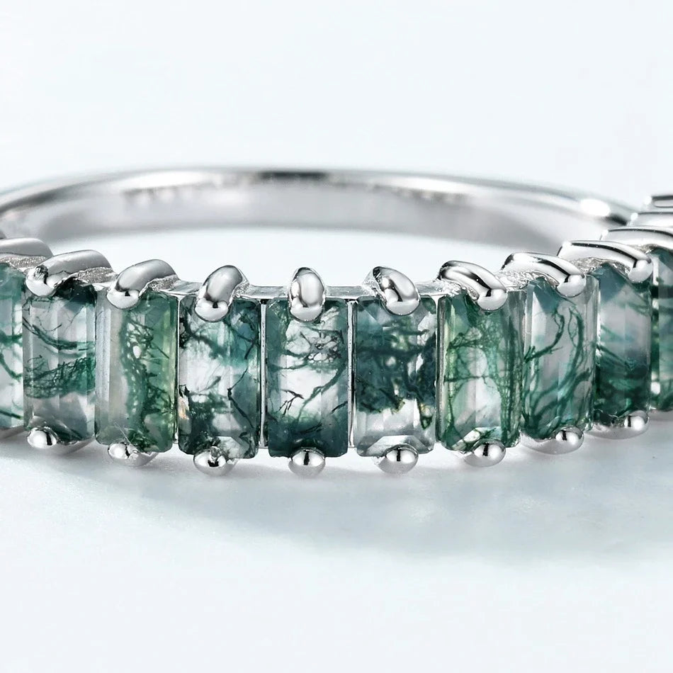 Moss agate baguette ring half eternity ring sterling silver unique gemstone ring
