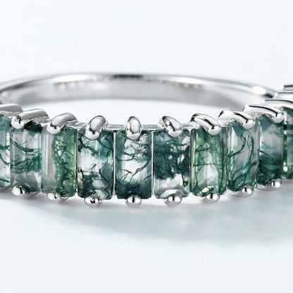 Moss agate baguette ring half eternity ring sterling silver unique gemstone ring