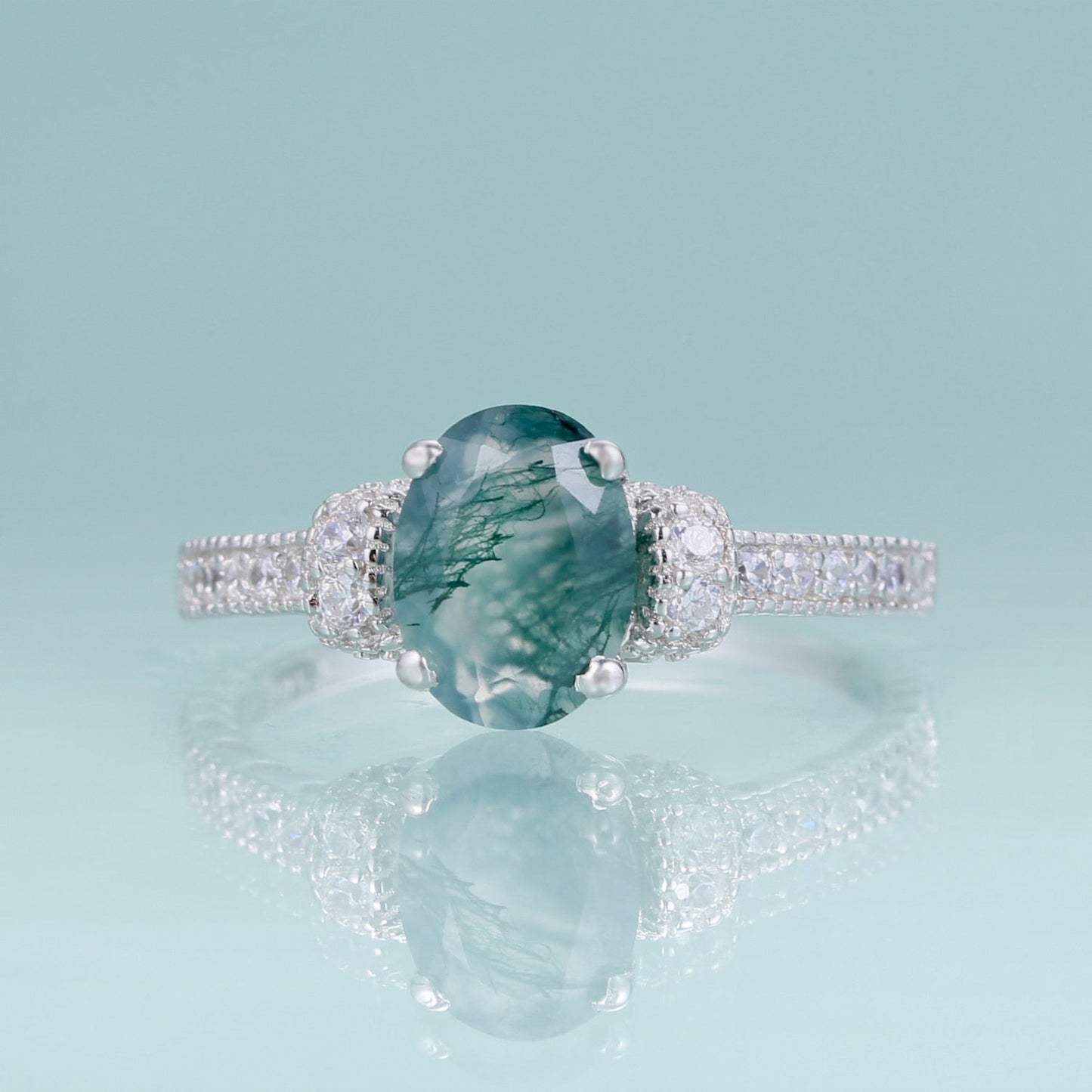 Silver moss agate ring oval cut pave setting art deco style