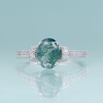 Silver moss agate ring oval cut pave setting art deco style