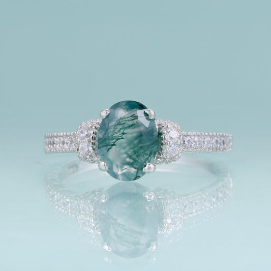 Silver moss agate ring oval cut pave setting art deco style