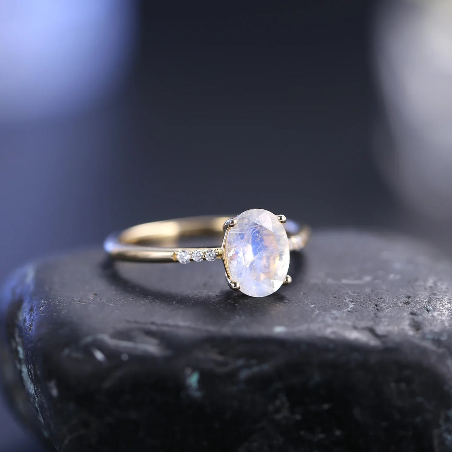 Moonstone gemstone ring with a natural moonstone and clear CZ stones