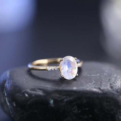Moonstone gemstone ring with a natural moonstone and clear CZ stones