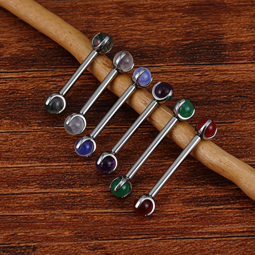 Nipple piercing barbell with natural gemstones titanium 14G internally threaded straight barbell 12mm 14mm 16mm 1 piece