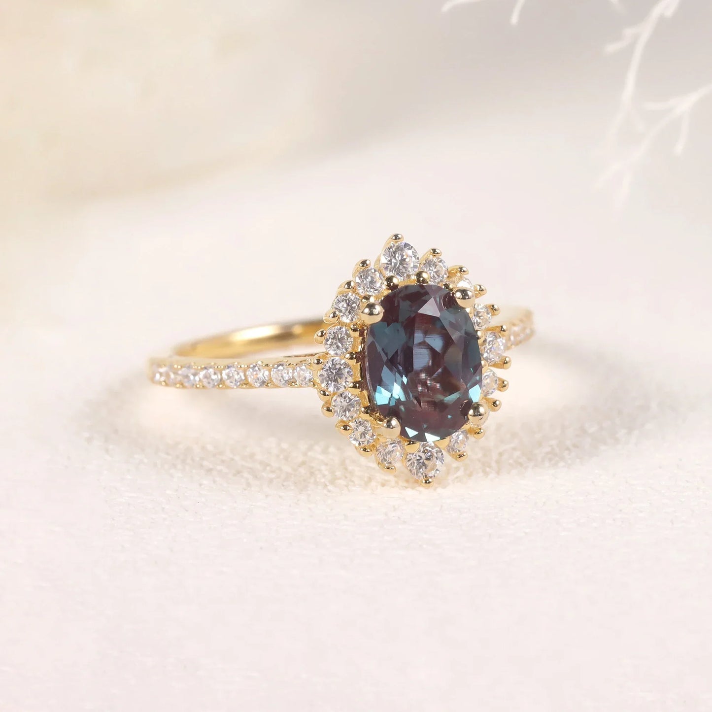 June birthstone alexandrite ring with diamond cz and oval alexandrite