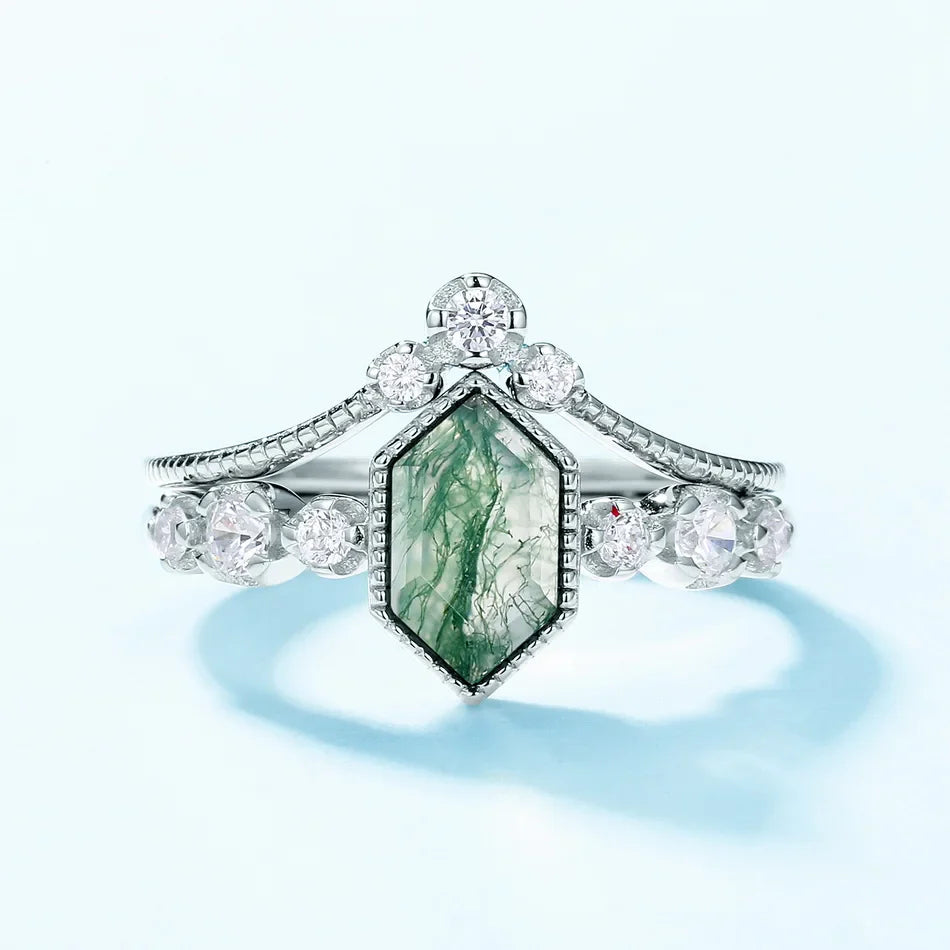 Moss agate engagement ring set with natural hexagon moss agate and sterling silver