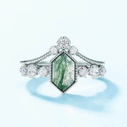 Moss agate engagement ring set with natural hexagon moss agate and sterling silver