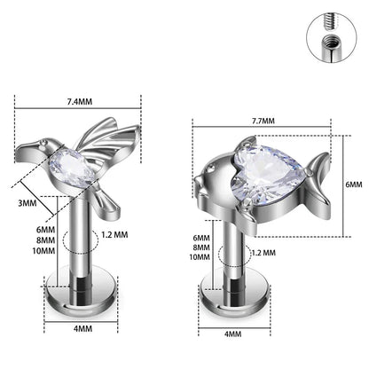 Fish stud with clear or red CZ titanium fish earring stud nose stud