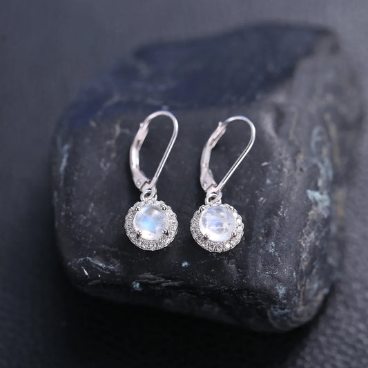 Moonstone dangle earrings with round moonstones and clear cz womens drop earrings