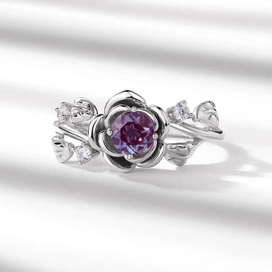 Alexandrite gemstone ring flower shape adjustable ring sterling silver