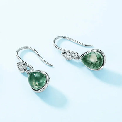 Green agate earrings with pear-shaped moss agate in sterling silver
