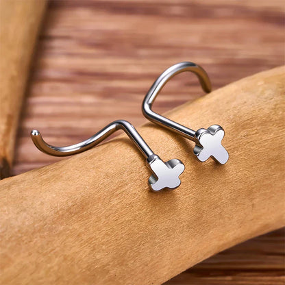Screw nose ring with a cross titanium corkscrew nose stud silver