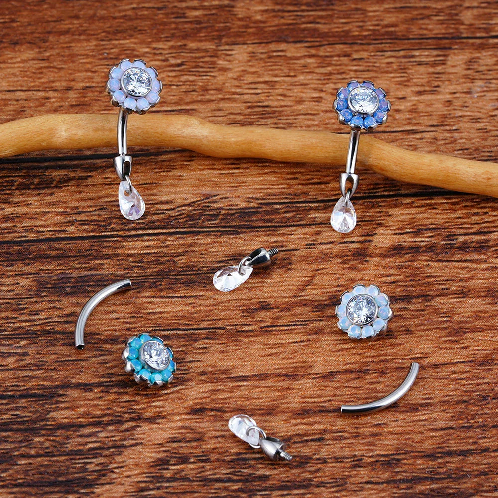 Cute rook piercing titanium flower rook earring with teardrop CZ 16G curved barbell